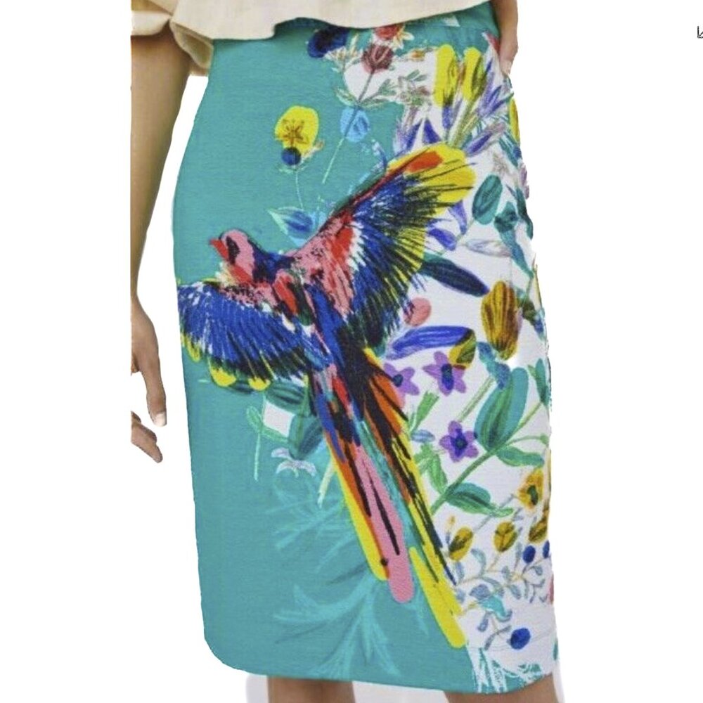Maeve By Anthropologie Bird Floral Tropical‎ Teal Textured Skirt Size S - NWOT
